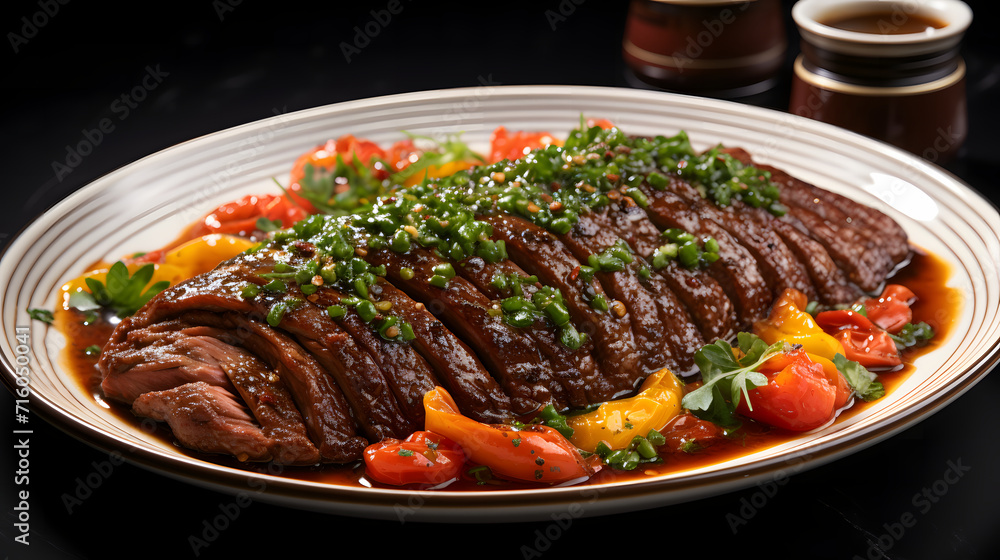 Grilled meat on grill depot with sauce, vegetables and seasonings, ready-made delicious protein food on dark background. Grilled meat on grill depot with sauce, vegetables and seasonings, ready-made delicious protein food on dark background.