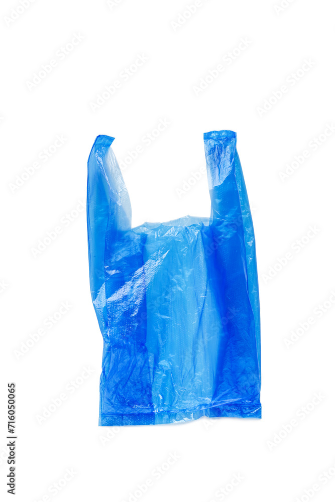 Close up Blue plastic bag isolated on white background, cut out object, design element. Single-use polythene packet, Biodegradable packaging waste, Disposable bag for food, bag free day Close up Blue plastic bag isolated on white background, cut out object, design element. Single-use polythene packet, Biodegradable packaging waste, Disposable bag for food, bag free day