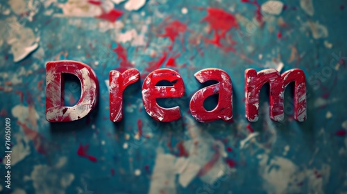 Red Marble Dream concept creative horizontal art poster. Photorealistic textured word Dream on artistic background. Horizontal Illustration. Ai Generated Imagination and Fantasy Symbol.