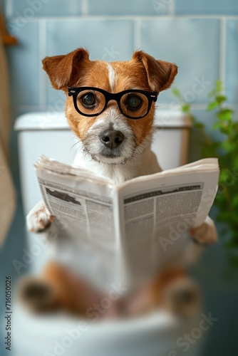 Jack Russell Terrier Reading Newspaper on Toilet