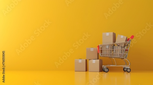 Package Box and Cart Trolley on Yellow Studio Background
