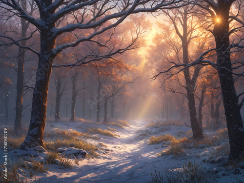 Journey through the winter woods: a sunlit trail leading through the snowy forest landscape with sunlight, snow, and bare trees