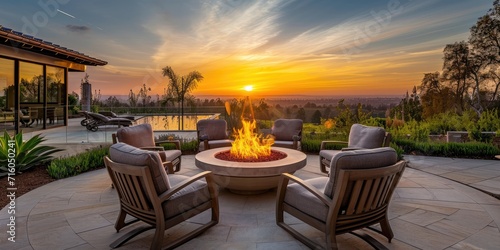 Luxurious chairs and cozy fire pit at a breathtaking sunset © piai
