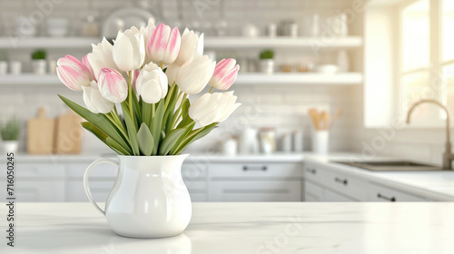 Bouquet of spring tulips in a vase on the kitchen table