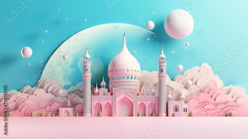 Ramadan kareem eid fitr islamic concept background children illustration with mosque, moon and blossom flowers in paper cutting style 3D wallpaper, greeting card flyer. Aesthetic colorful pastel. © Surf Ink
