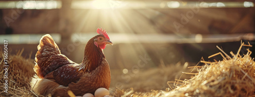 Obraz na płótnie A brown hen sits on eggs amidst hay with sunlight streaming through the barn