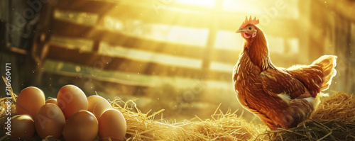 A proud hen stands beside freshly laid eggs, basking in the warm glow of sunlight inside a rustic barn. Banner photo