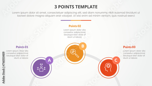 3 points stage template infographic concept for slide presentation with circle outline linked circular on half circle with 3 point list with flat style