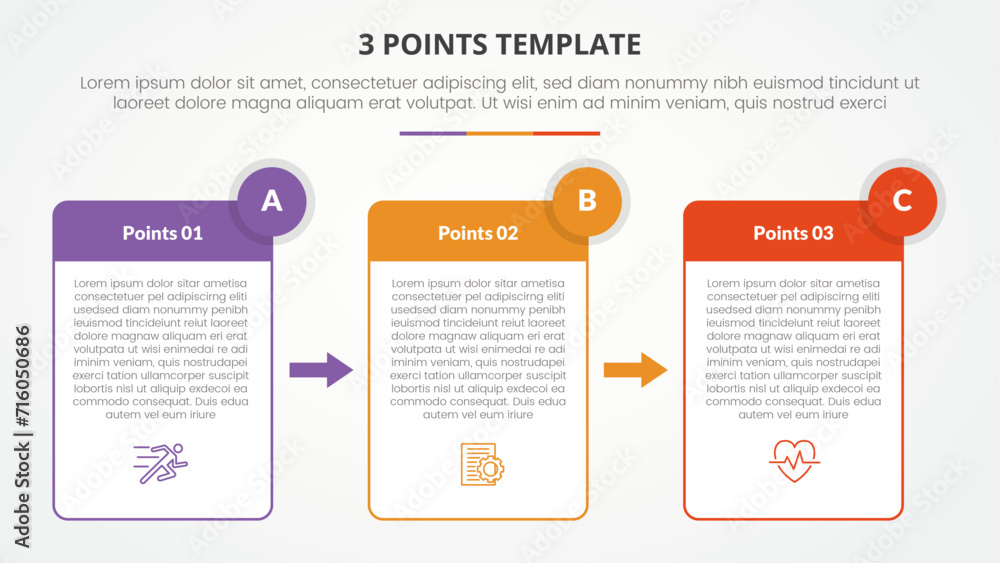 3 points stage template infographic concept for slide presentation with table box and arrow direction with 3 point list with flat style