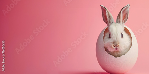 White rabbit peeking out of an eggshell against a pink background, symbolizing Easter, new beginnings, and springtime celebration. Easter concept. Banner with copy space.