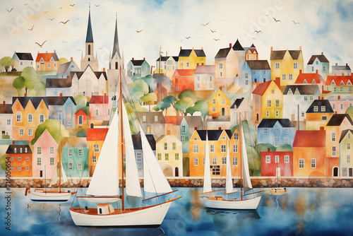 Lively watercolor painting depicting a bustling harbor with sailboats against a backdrop of colorful houses.
