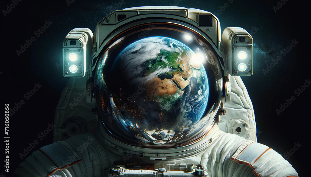 Astronaut in a space suit, with a striking reflection of the Earth in ...