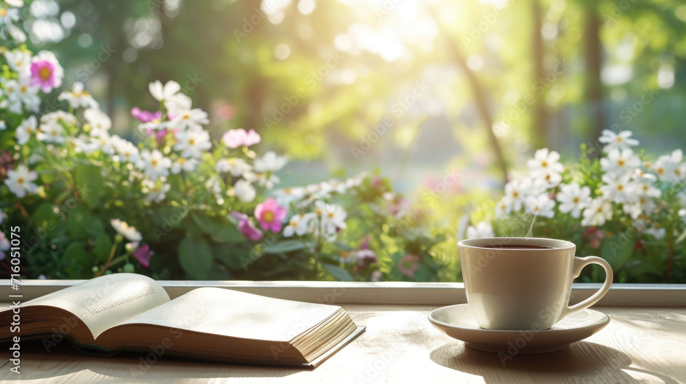 Cup of tea or coffee and book on the window age with copy space Cup of tea or coffee and book on the window age with copy space
