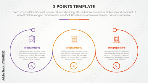 3 points stage template infographic concept for slide presentation with big outline circle circular cycle with 3 point list with flat style