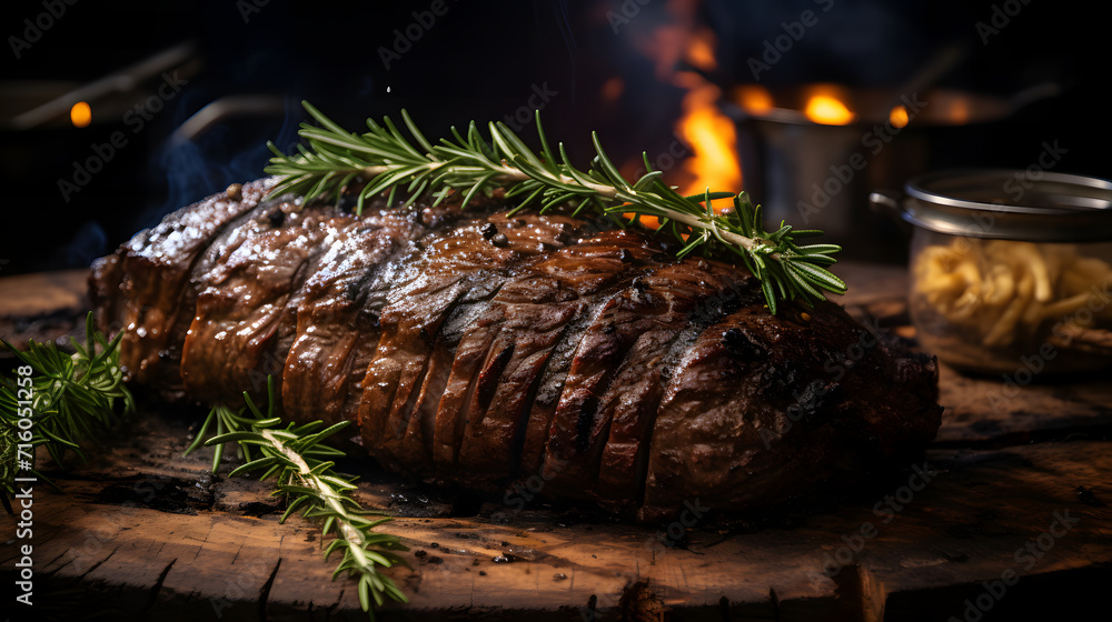Grilled meat steak on stainless grill depot with flames on dark background. Food concept. Grilled meat steak on stainless grill depot with flames on dark background. Food concept.
