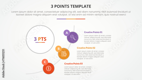 3 points stage template infographic concept for slide presentation with big circle and half circle line connection with 3 point list with flat style