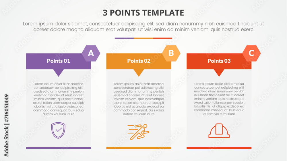 3 points stage template infographic concept for slide presentation with big table arrow header badge with 3 point list with flat style