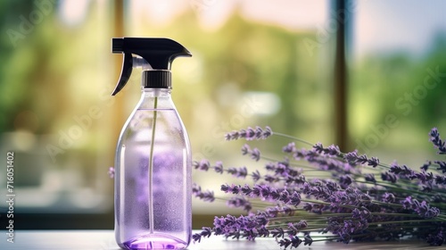 Closeup of a reusable glass spray bottle filled with allpurpose cleaner, featuring a sprig of fresh lavender. photo