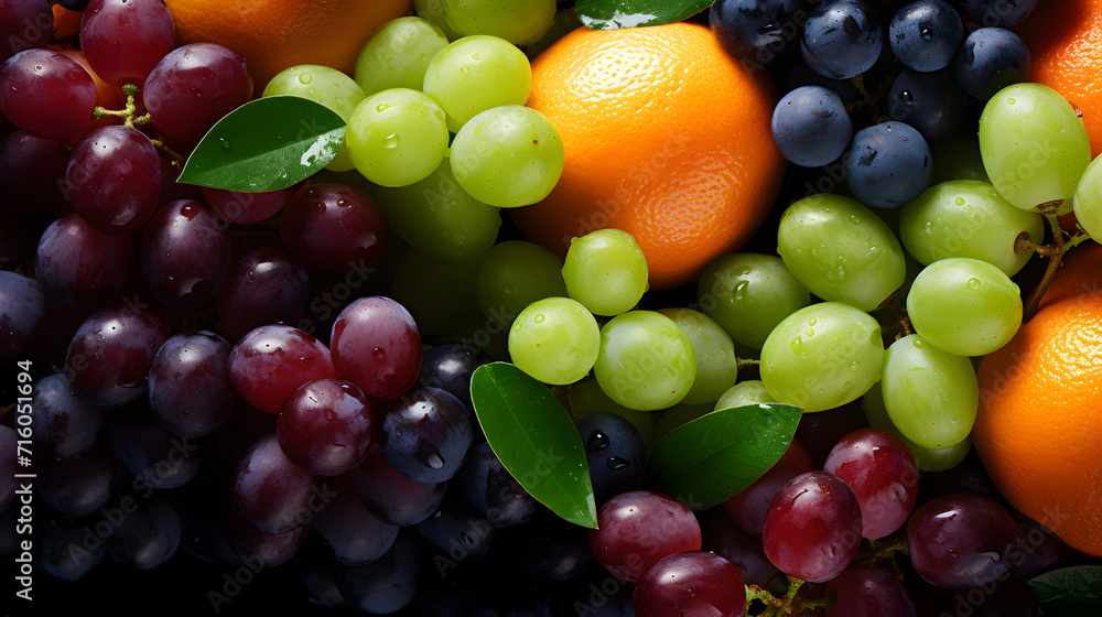 Background of fresh fruits and berries. Ripe Grape. Mix berries and fruits. Background berries. Black-blue and red food.