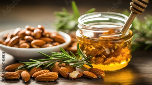 Closeup of a small dish of assorted nuts and seeds, p next to a jar of raw honey and a sprig of rosemary.