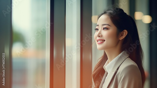 Asian young business woman looking at the window 