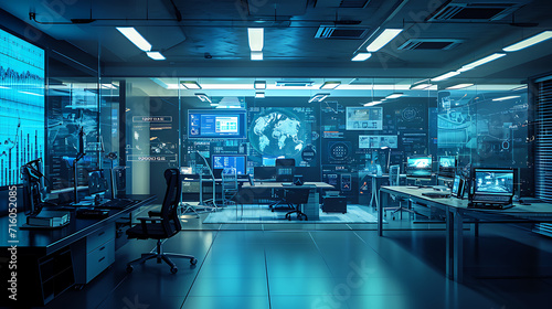Um espaço de escritório moderno e elegante é preenchido com tecnologia de ponta e gadgets futuristas A sala é banhada por uma luz azul suave dando-lhe uma atmosfera legal e sobrenatural