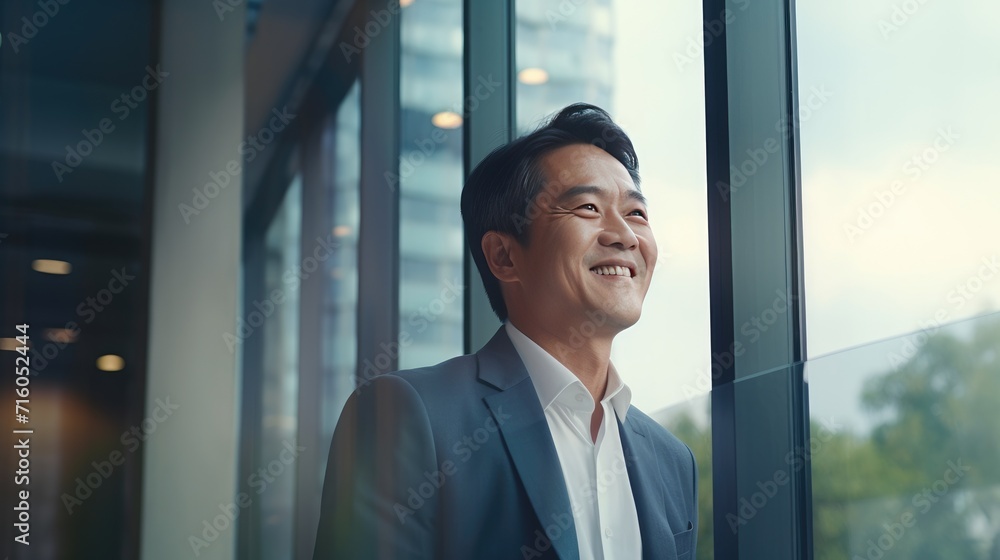 Asian middle age business man looking at the window Asian middle age business man looking at the window
