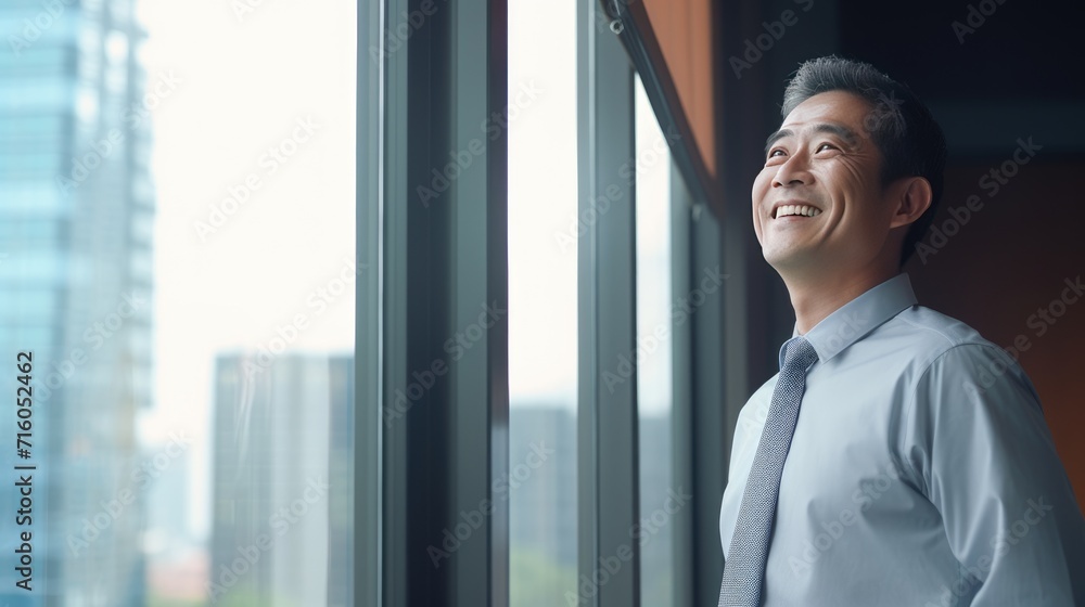 Asian middle age business man looking at the window Asian middle age business man looking at the window
