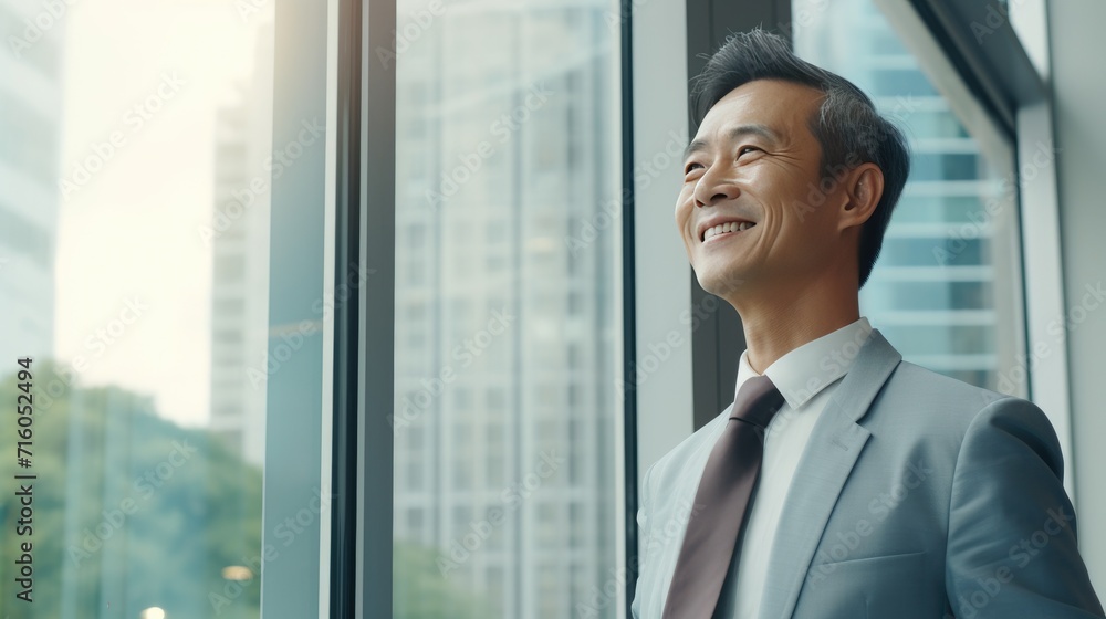 Fototapeta premium Asian middle age business man looking at the window 