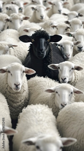 A black sheep in a flock of white sheep emanating a unique presence. Black sheep in symbolic representation of individuality within uniformity. Family black sheep concept.