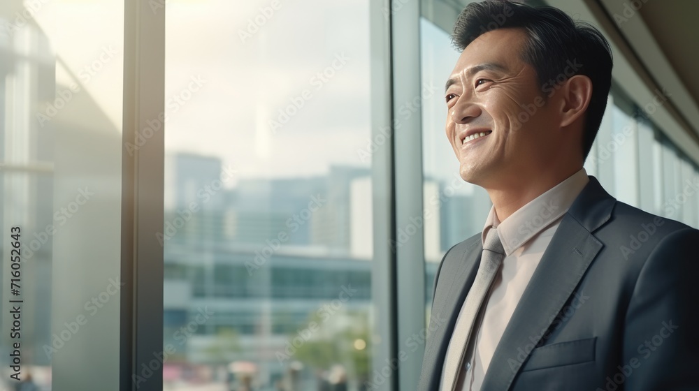 Asian middle age business man looking at the window Asian middle age business man looking at the window