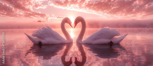 Fototapeta Naklejka Na Ścianę i Meble -  Valentines day card with two swans creating a heart shape on a pink cloudy lake and bokeh background. Love concept
