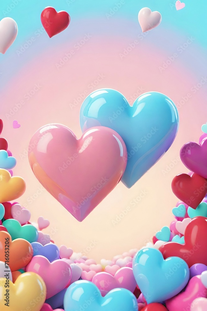 Numerous heart-shaped balloons of various sizes and colors, including pink, red, blue and purple, on a gradient background that transitions from pink to blue.