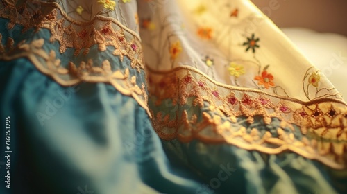 Closeup of faded, handstitched embroidery on the hem of a vintage skirt.