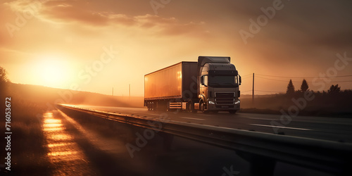 container trucks driving on roads at sunset photo