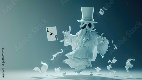 Cartoon digital avatar of a Ghost Magician Transparent and ethereal, this ghostly magician performs floating card tricks, leaving onlookers in wonder and fear. photo