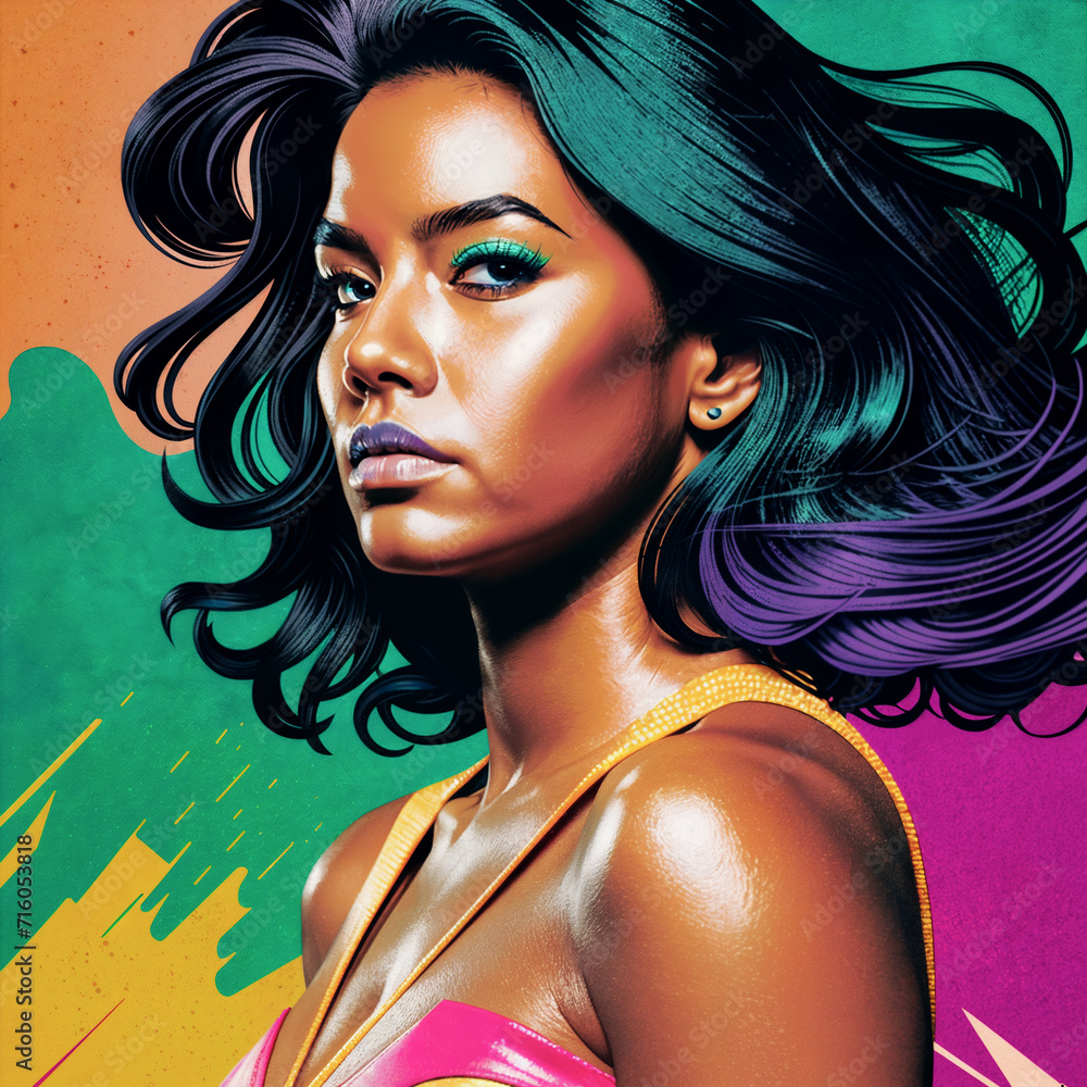 Vibrant digital portrait of a woman with striking green eyes, her hair a flowing mix of dark and vivid purple hues, set against an abstract backdrop with warm, tropical colors Vibrant digital portrait of a woman with striking green eyes, her hair a flowing mix of dark and vivid purple hues, set against an abstract backdrop with warm, tropical colors