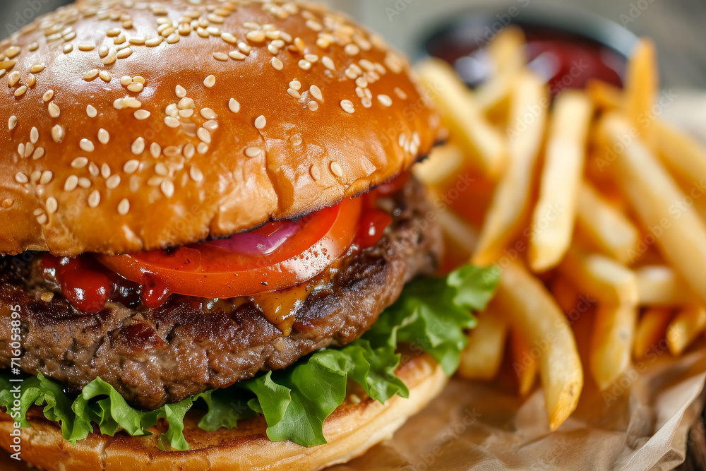 delicious hamburger with fries in the background delicious hamburger with fries in the background