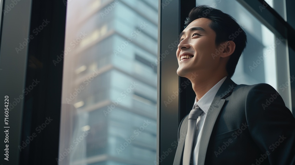 Asian young business man looking at the windows Asian young business man looking at the windows