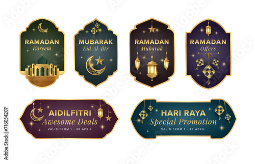 Ramadan Raya islamic style label collection with mosque, crescent moon, stars, lantern and ketupat. Holiday festive premium label set. Vector illustration.