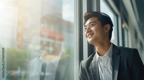 Asian young business man looking at the windows