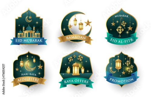 Ramadan Raya islamic style label collection with mosque, crescent moon, stars, lantern and ketupat with ribbons. Holiday festive premium label set. Vector illustration. photo