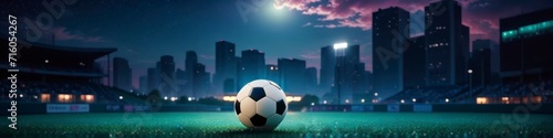Abstract sports background night sports field in big city with soccer ball in the middle of the field with moon light photo