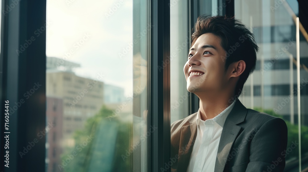 Asian young business man looking at the windows Asian young business man looking at the windows