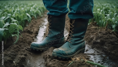 closeup of a farmer's feet in rubber boots walking in the field of green plants