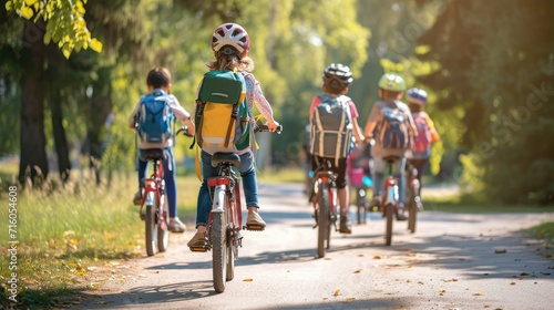 Children with rucksacks riding on bikes in the park near school. Pupils with backpacks outdoors © buraratn