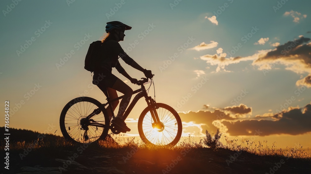 Fototapeta premium Cyclist Woman riding bike in helmets go in sports outdoors on sunny day a mountain in the forest. Silhouette female at sunset. Fresh air. Health care, authenticity, sense of balance and calmness.
