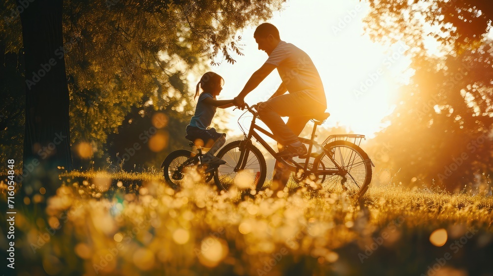 dad teaches daughter to ride a bike. happy family childhood dream concept. father and little daughter learn to ride bike silhouette in the park. happy family goes in for sunlight sports outdoors