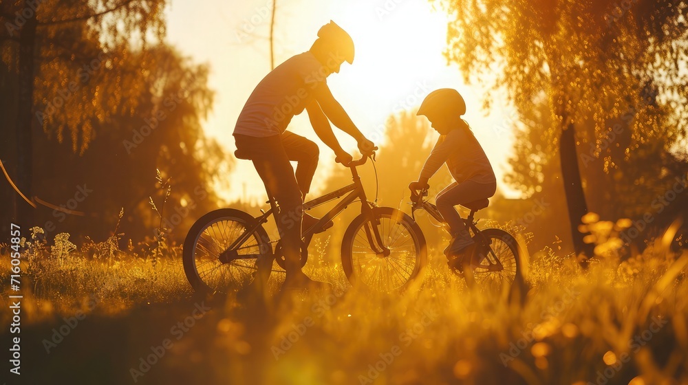 Obraz premium dad teaches daughter to ride a bike. happy family childhood dream concept. father and little daughter learn to ride bike silhouette in the park. happy family goes in for sunlight sports outdoors