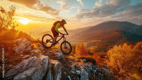 Cyclist Riding the Bike Down the Rock at Sunrise in the Beautiful Mountains on the Background. Extreme Sport and Enduro Biking Concept